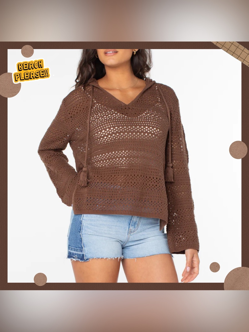 Roxy Hippie Love Open Stitch Crochet Sweater Tiramisu Sol Sz XL Boho Poncho